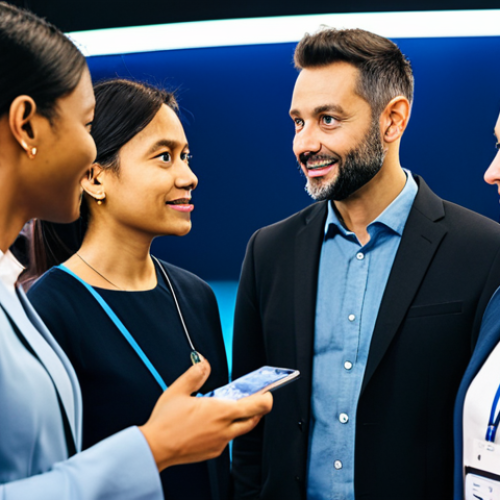 Home 9 **Prompt:** A diverse group of AI professionals at a tech conference, engaged in conversation, modern setting, fully clothed, professional attire, safe for work, perfect anatomy, natural proportions, professional photography, high quality, family-friendly.