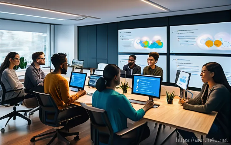 인공지능 개발자 커뮤니티 활용법 - **Prompt:** A dynamic, wide-angle shot of a diverse group of AI developers (adults, varying ethnicit...