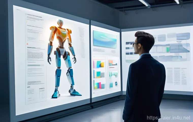 AI 관련 특허와 저작권 이슈 - A sleek, futuristic AI robot, with sophisticated sensors and articulated arms, meticulously painting...